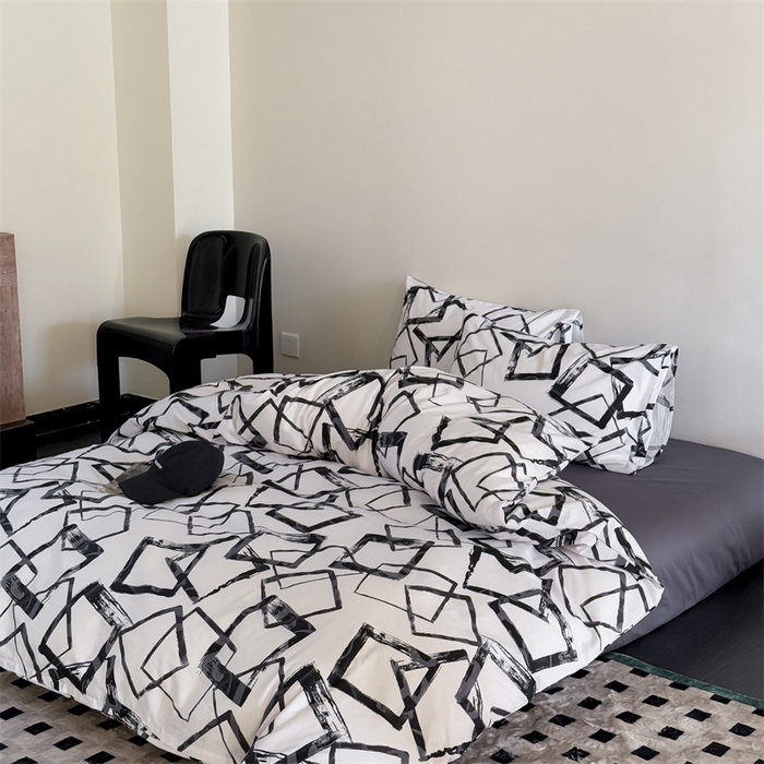 91家纺网 家纺一手货源 找家纺 窝米 2025新款全棉新品13370四件套 简约休闲风系列（悦溪、几何乐园） 几何乐园黑