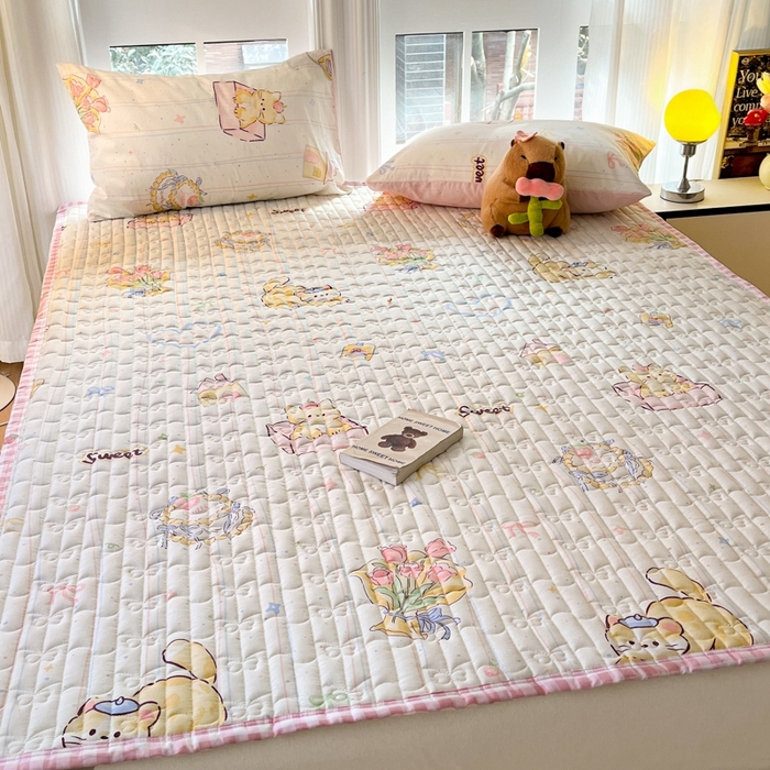 91家纺网 家纺一手货源 找家纺 Sweet dreams甜梦 2025新款全棉卡通小清新棉垫子床垫旅行垫 花花小猫