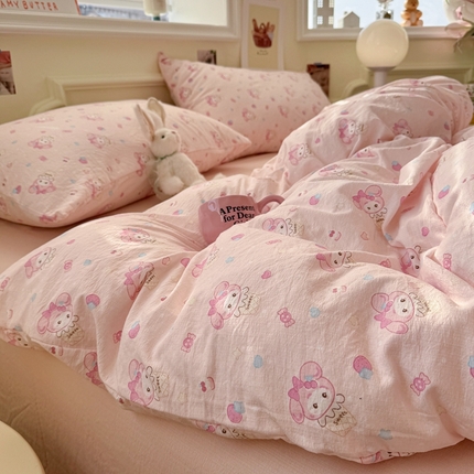 91家纺网 家纺一手货源 找家纺 罗亿家纺 2025新款云感提花双层纱裸睡四件套 小美冰激凌