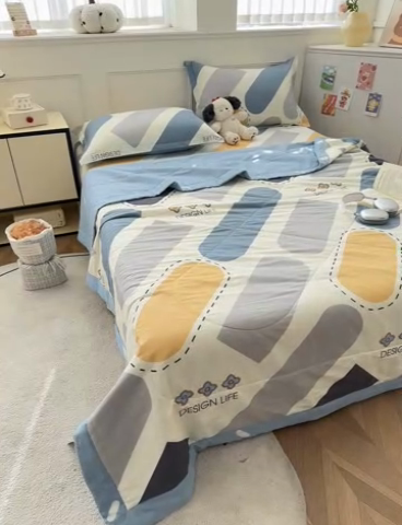 91家纺网 家纺一手货源 找家纺 棉造家居 2025新款春夏全棉纯棉印花夏被夏凉被空调被 光的邂逅-蓝