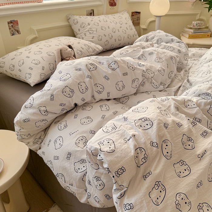 91家纺网 家纺一手货源 找家纺 罗亿家纺 2025新款云感提花双层纱裸睡四件套 猫咪恋人