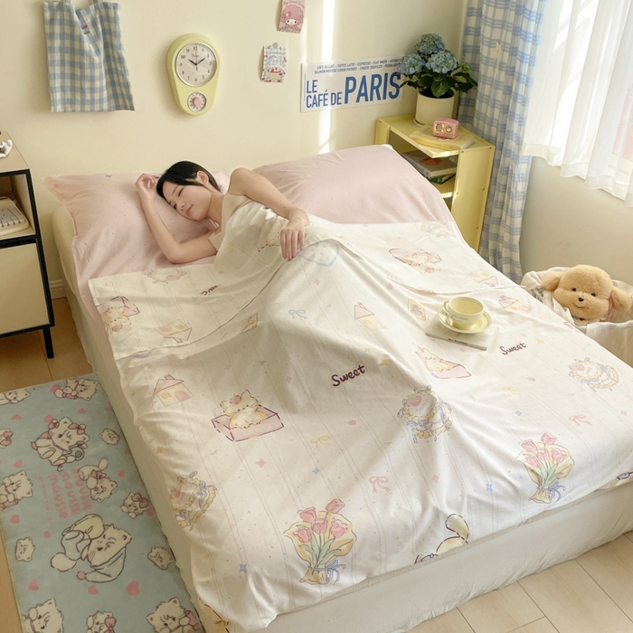 91家纺网 家纺一手货源 找家纺 Sweet dreams甜梦 2025新款全棉小清新卡通一体式旅行酒店睡袋 花花小象