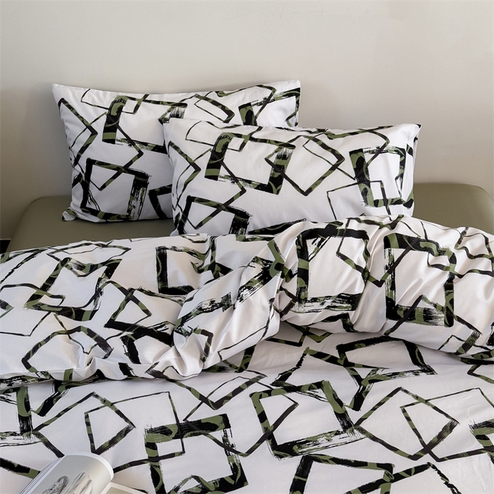 91家纺网 家纺一手货源 找家纺 窝米 2025新款全棉新品13370四件套 简约休闲风系列（悦溪、几何乐园） 几何乐园绿