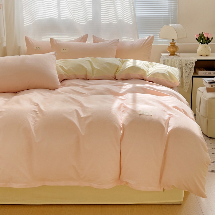 91家纺网 家纺一手货源 找家纺 眠博士 2025新款全棉40支纯色系列单被套 全棉拼色-浅粉+浅黄