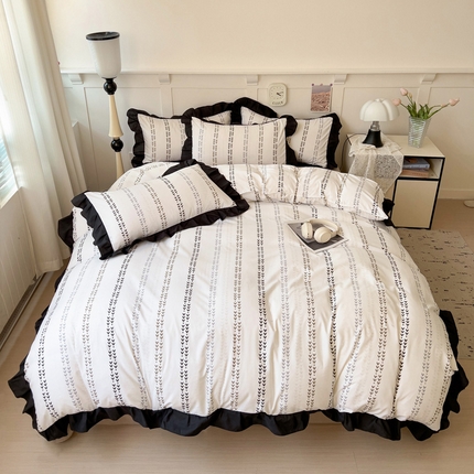 91家纺网 家纺一手货源 找家纺 （总）艺玲家纺 2025新款韩版法式赫本风黑色花边水洗棉印花四件套