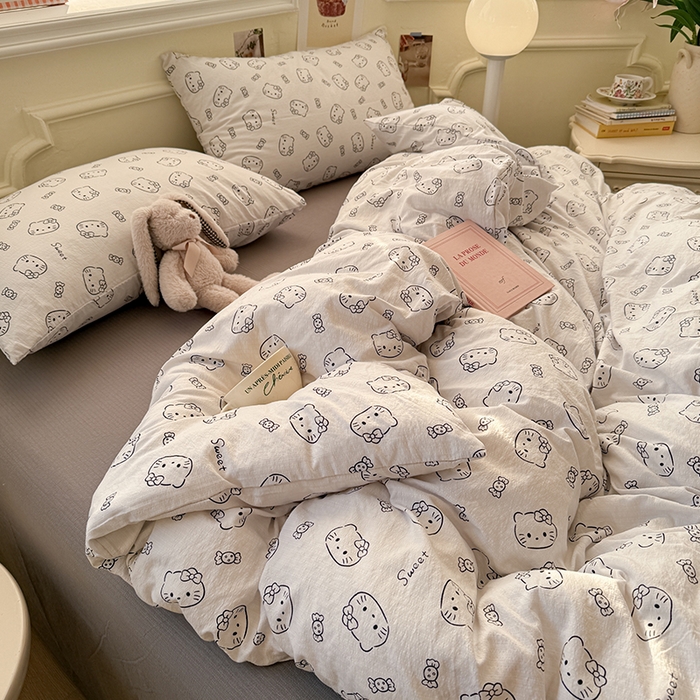 91家纺网 家纺一手货源 找家纺 罗亿家纺 2025新款云感提花双层纱裸睡四件套 猫咪恋人