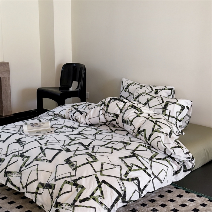 91家纺网 家纺一手货源 找家纺 窝米 2025新款全棉新品13370四件套 简约休闲风系列（悦溪、几何乐园） 几何乐园绿