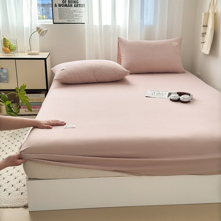 91家纺网 家纺一手货源 找家纺 罗亿家纺 2025新款云感提花双层纱单床笠 浅豆沙床笠