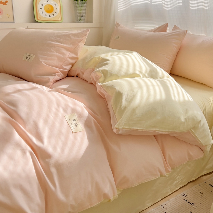 91家纺网 家纺一手货源 找家纺 眠博士 2025新款全棉40支纯色系列单被套 全棉拼色-浅粉+浅黄