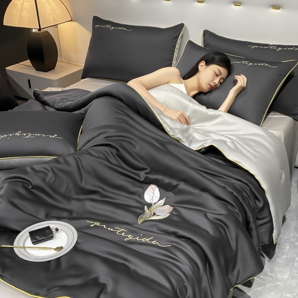 91家纺网 家纺一手货源 找家纺 （总）仔仔熊 2025新款水洗真丝夏被四件套-百合