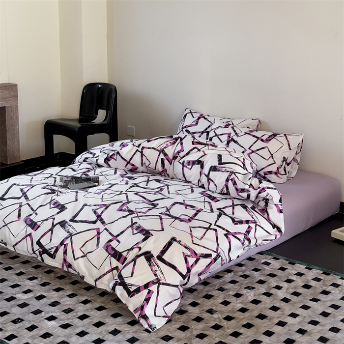 91家纺网 家纺一手货源 找家纺 窝米 2025新款全棉新品13370四件套 简约休闲风系列（悦溪、几何乐园） 几何乐园紫