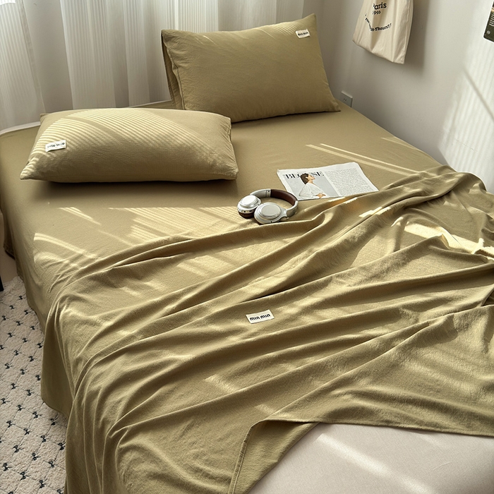 91家纺网 家纺一手货源 找家纺 罗亿家纺 2025新款云感提花双层纱单床单 茶绿床单