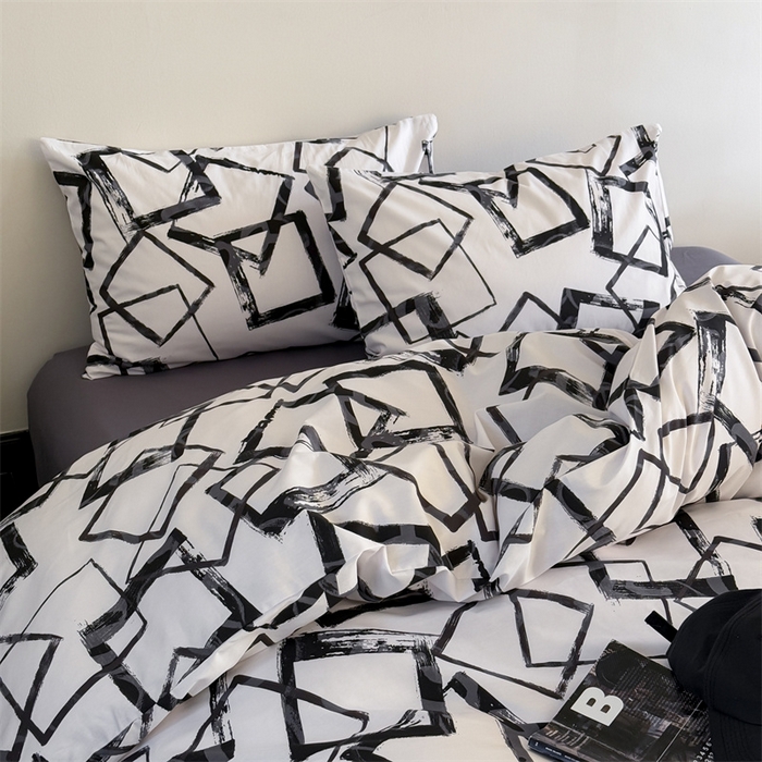 91家纺网 家纺一手货源 找家纺 窝米 2025新款全棉新品13370四件套 简约休闲风系列（悦溪、几何乐园） 几何乐园黑