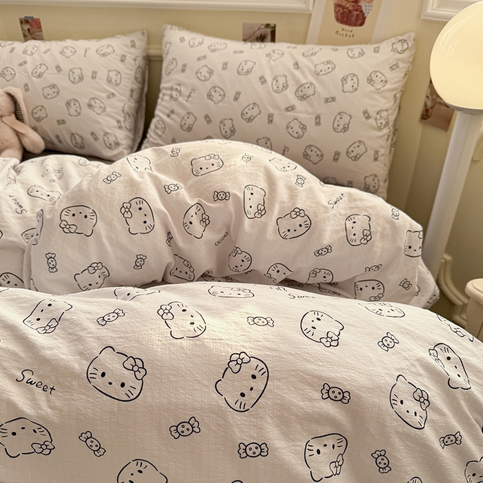 91家纺网 家纺一手货源 找家纺 罗亿家纺 2025新款云感提花双层纱裸睡四件套 猫咪恋人