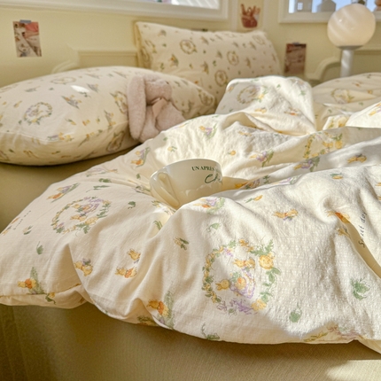 罗亿家纺 2025新款云感提花双层纱裸睡四件套 兔子的欢喜