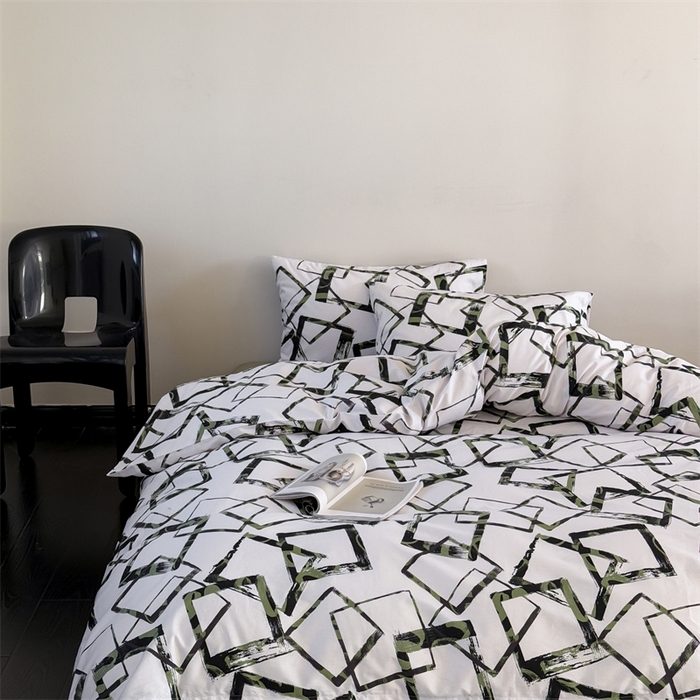 91家纺网 家纺一手货源 找家纺 窝米 2025新款全棉新品13370四件套 简约休闲风系列（悦溪、几何乐园） 几何乐园绿