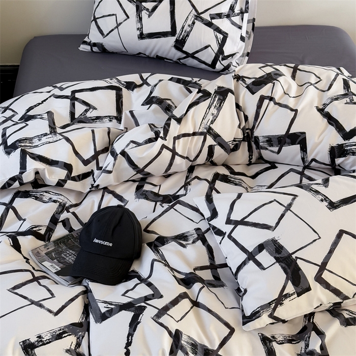 91家纺网 家纺一手货源 找家纺 窝米 2025新款全棉新品13370四件套 简约休闲风系列（悦溪、几何乐园） 几何乐园黑