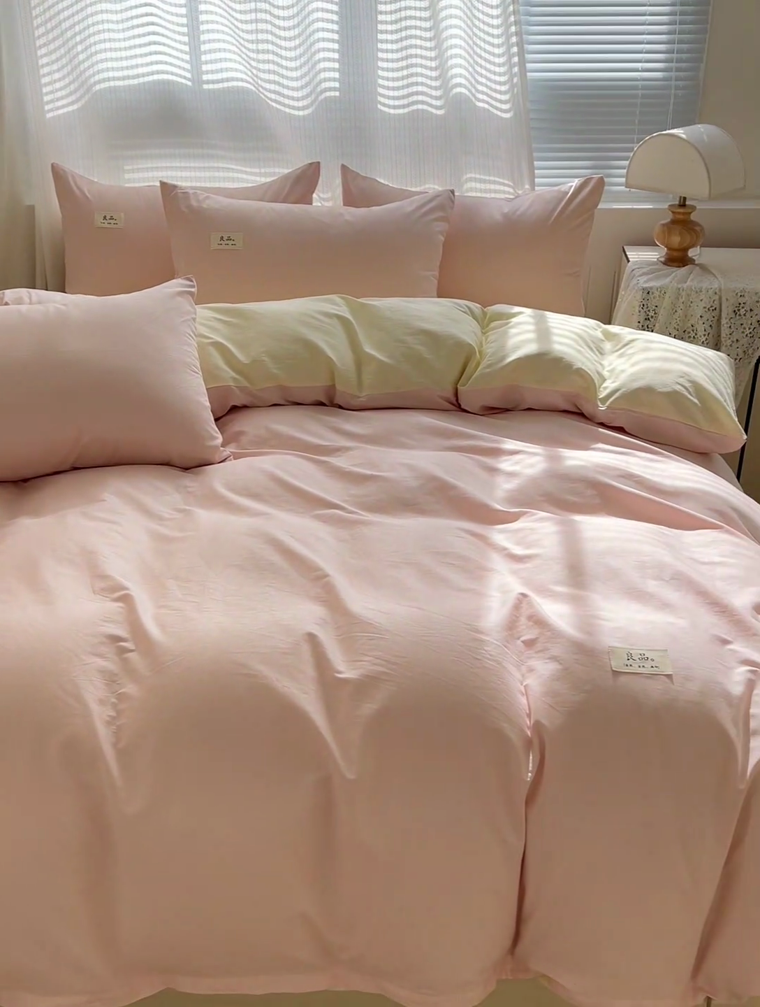91家纺网 家纺一手货源 找家纺 眠博士 2025新款全棉40支纯色系列单被套 全棉拼色-浅粉+浅黄
