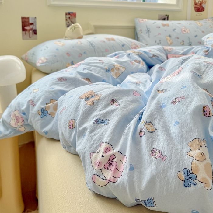 91家纺网 家纺一手货源 找家纺 罗亿家纺 2025新款云感提花双层纱裸睡四件套 小猫时光 蓝