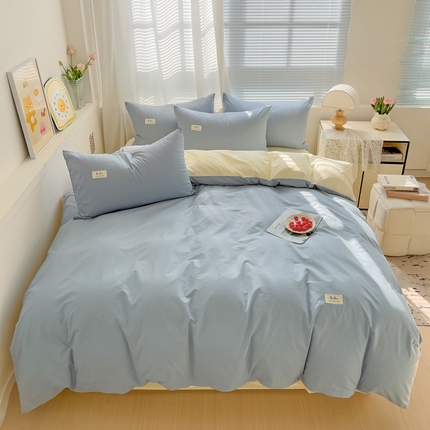 91家纺网 家纺一手货源 找家纺 眠博士 2025新款全棉40支纯色系列单被套 全棉拼色-浅蓝+浅黄