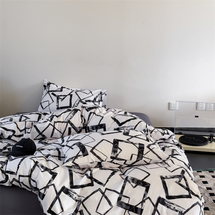 91家纺网 家纺一手货源 找家纺 窝米 2025新款全棉新品13370四件套 简约休闲风系列（悦溪、几何乐园） 几何乐园黑
