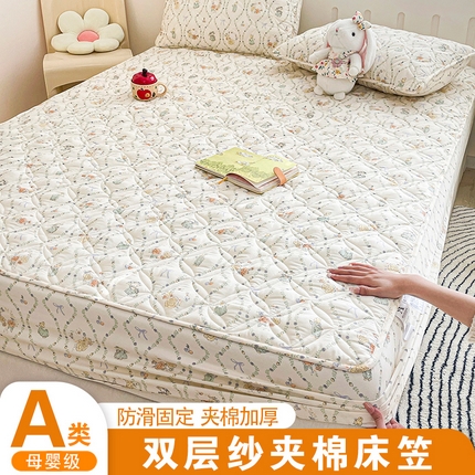 豪选家纺 2025春夏四季新款新品有氧双层纱印花夹棉床笠床护罩床垫保护套 萌女伴兔宝