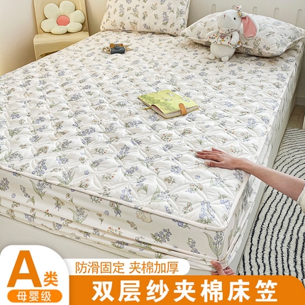 豪选家纺 2025春夏四季新款新品有氧双层纱印花夹棉床笠床护罩床垫保护套 兔影醉花涧
