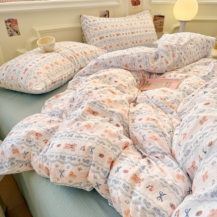 罗亿家纺 2025新款云感提花双层纱裸睡四件套 他和她的兔