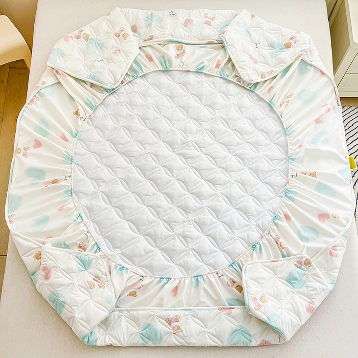 91家纺网 家纺一手货源 找家纺 豪选家纺 2025春夏四季新款新品有氧双层纱印花夹棉床笠床护罩床垫保护套 甜蜜恋爱蓝