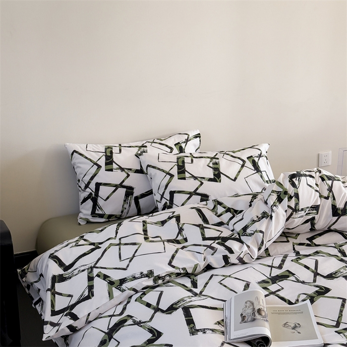 91家纺网 家纺一手货源 找家纺 窝米 2025新款全棉新品13370四件套 简约休闲风系列（悦溪、几何乐园） 几何乐园绿