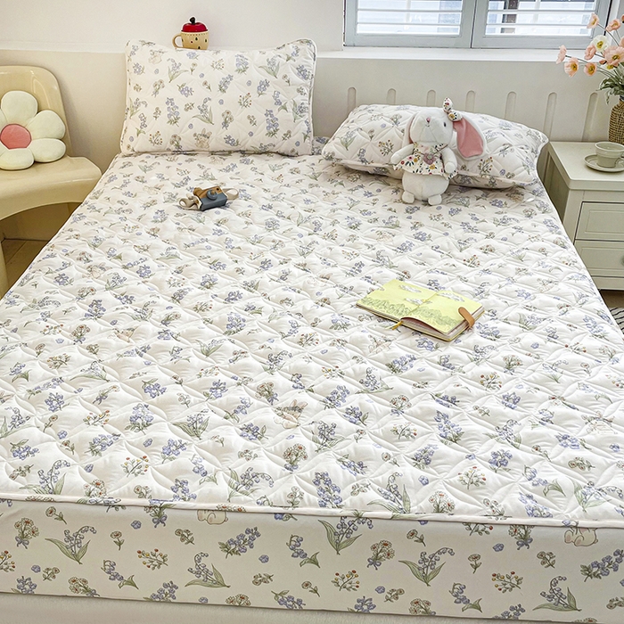 91家纺网 家纺一手货源 找家纺 豪选家纺 2025春夏四季新款新品有氧双层纱印花夹棉床笠床护罩床垫保护套 兔影醉花涧