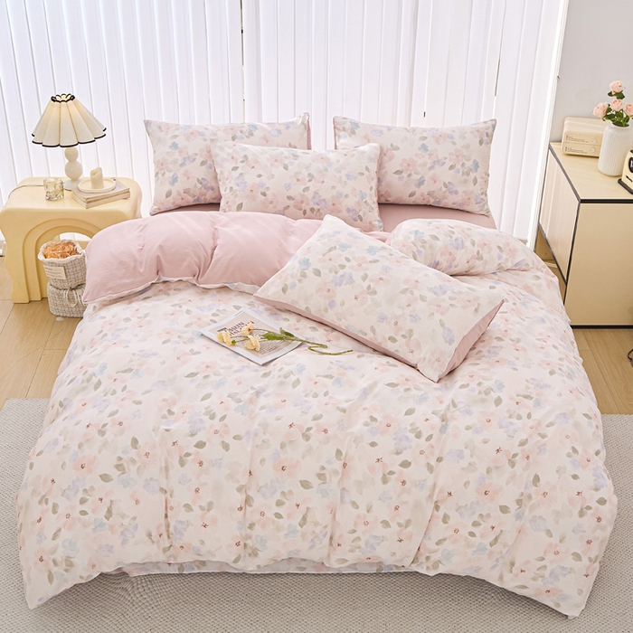 91家纺网 家纺一手货源 找家纺 雅慕家居   2025新款针织棉双层纱四件套 粉色油画