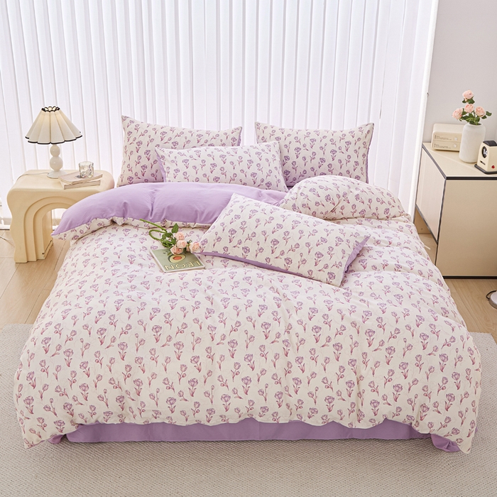 91家纺网 家纺一手货源 找家纺 雅慕家居   2025新款针织棉双层纱四件套 紫色郁金香