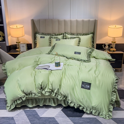 91家纺网 家纺一手货源 找家纺 （买家秀不断货）A类高端皇室贵族韩版水洗真丝四件套轻奢四件套轻奢水洗蕾丝四件套高级感丝滑裸睡床上用品 欧若拉-果绿