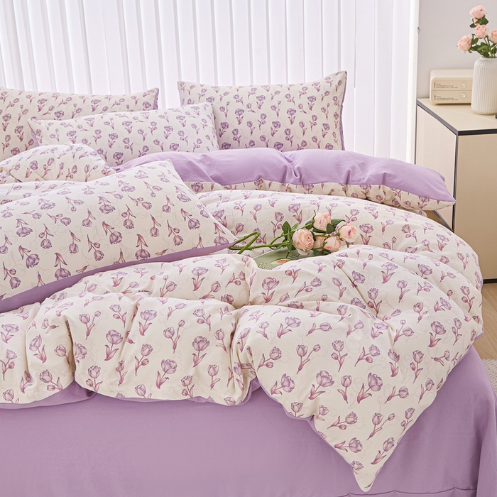 91家纺网 家纺一手货源 找家纺 雅慕家居   2025新款针织棉双层纱四件套 紫色郁金香