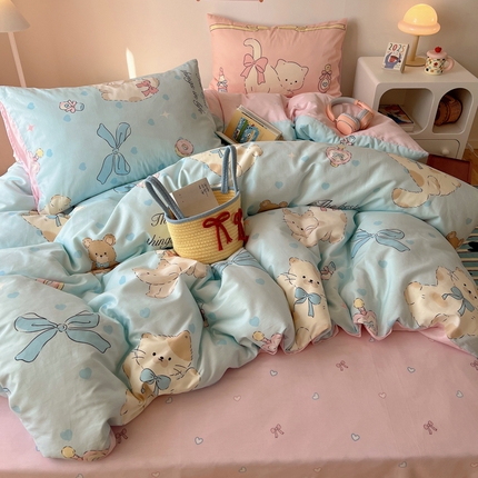 91家纺网 家纺一手货源 找家纺 桃喜 2025春夏新款全棉卡通混搭13070系列四件套 蓝小猫