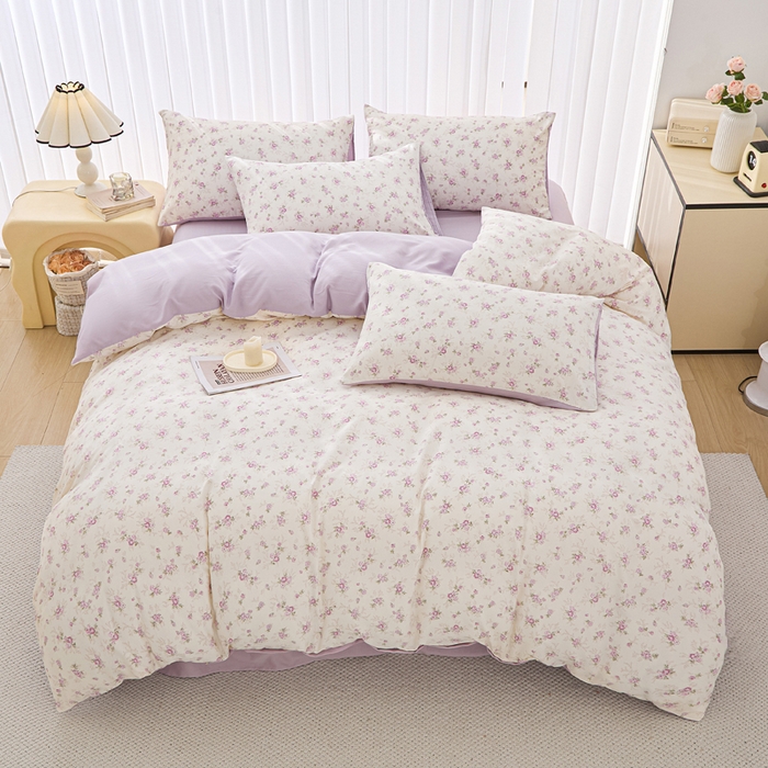 91家纺网 家纺一手货源 找家纺 雅慕家居   2025新款针织棉双层纱四件套 紫曼