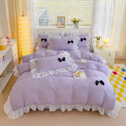 （买家秀 爆款花型不断货）A类母婴级少女风韩式公主风泡泡纱床上四件套韩式泡泡棉花边四件套水洗棉四件套 泡泡棉-紫色