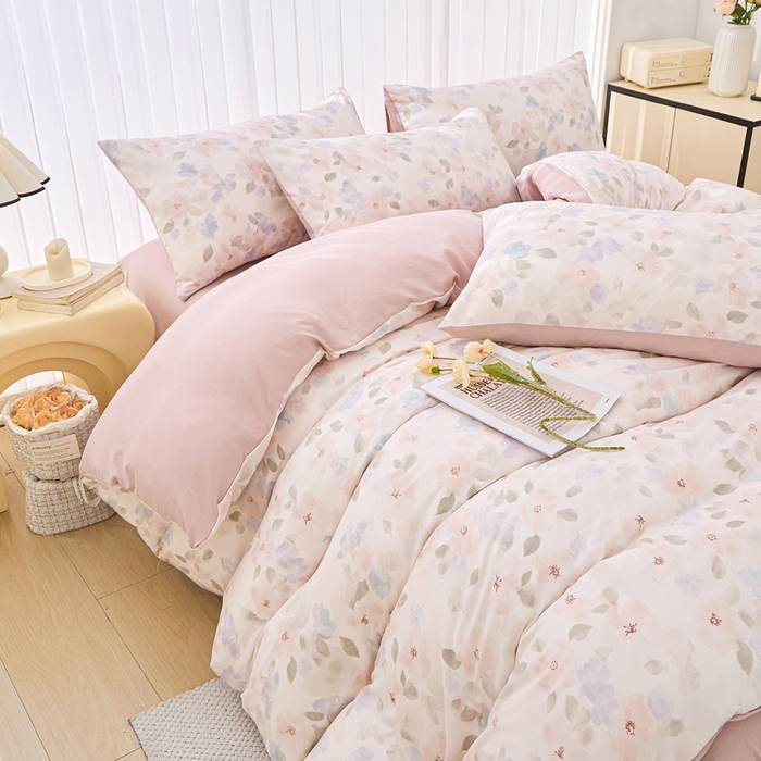 91家纺网 家纺一手货源 找家纺 雅慕家居   2025新款针织棉双层纱四件套 粉色油画