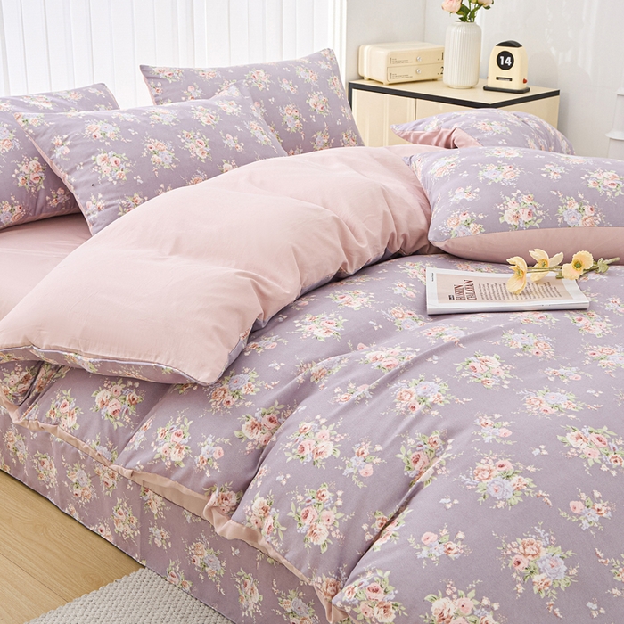 91家纺网 家纺一手货源 找家纺 雅慕家居   2025新款针织棉双层纱四件套 凡尔赛紫