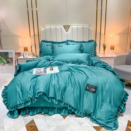 91家纺网 家纺一手货源 找家纺 （买家秀不断货）A类高端皇室贵族韩版水洗真丝四件套轻奢四件套轻奢水洗蕾丝四件套高级感丝滑裸睡床上用品 欧若拉-玛瑙绿