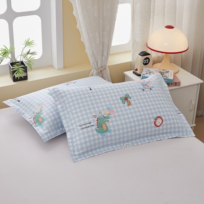 91家纺网 家纺一手货源 找家纺  翎盈家纺   2025新款ins风小清新纯棉印花枕套 大眼恐龙-蓝