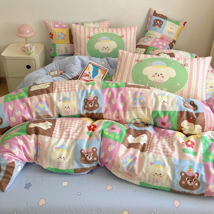 91家纺网 家纺一手货源 找家纺 桃喜 2025春夏新款全棉卡通混搭13070系列四件套 格子小狗