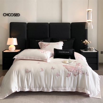 91家纺网 家纺一手货源 找家纺 初拾 2025新款100s澳棉刺绣四件套-蝶彩霓虹 蝶彩霓虹-仙女白