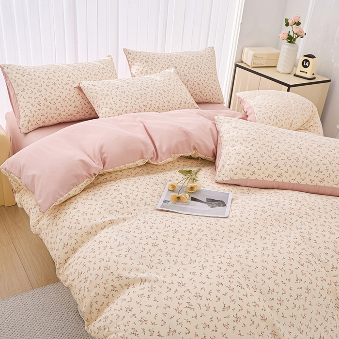 91家纺网 家纺一手货源 找家纺 雅慕家居   2025新款针织棉双层纱四件套 简爱粉