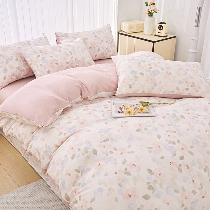 91家纺网 家纺一手货源 找家纺 雅慕家居   2025新款针织棉双层纱四件套 粉色油画