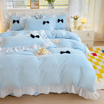 91家纺网 家纺一手货源 找家纺 （买家秀 爆款花型不断货）A类母婴级少女风韩式公主风泡泡纱床上四件套韩式泡泡棉花边四件套水洗棉四件套 泡泡棉-天空蓝