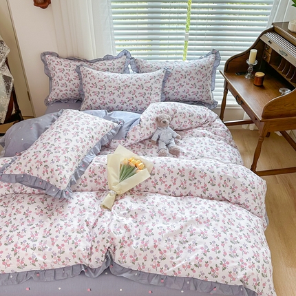 91家纺网 家纺一手货源 找家纺 （买家秀爆款不断货）A类母婴级卡通花卉儿童纯棉全棉床单纯棉全棉床笠全棉纯棉床单全棉纯棉印花花边四件套 摇曳花开花边款