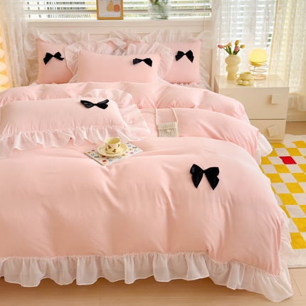 91家纺网 家纺一手货源 找家纺 （买家秀 爆款花型不断货）A类母婴级少女风韩式公主风泡泡纱床上四件套韩式泡泡棉花边四件套水洗棉四件套 泡泡棉-粉玉