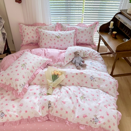 91家纺网 家纺一手货源 找家纺 （买家秀爆款不断货）A类母婴级卡通花卉儿童纯棉全棉床单纯棉全棉床笠全棉纯棉床单全棉纯棉印花花边四件套 美丽人生花边款